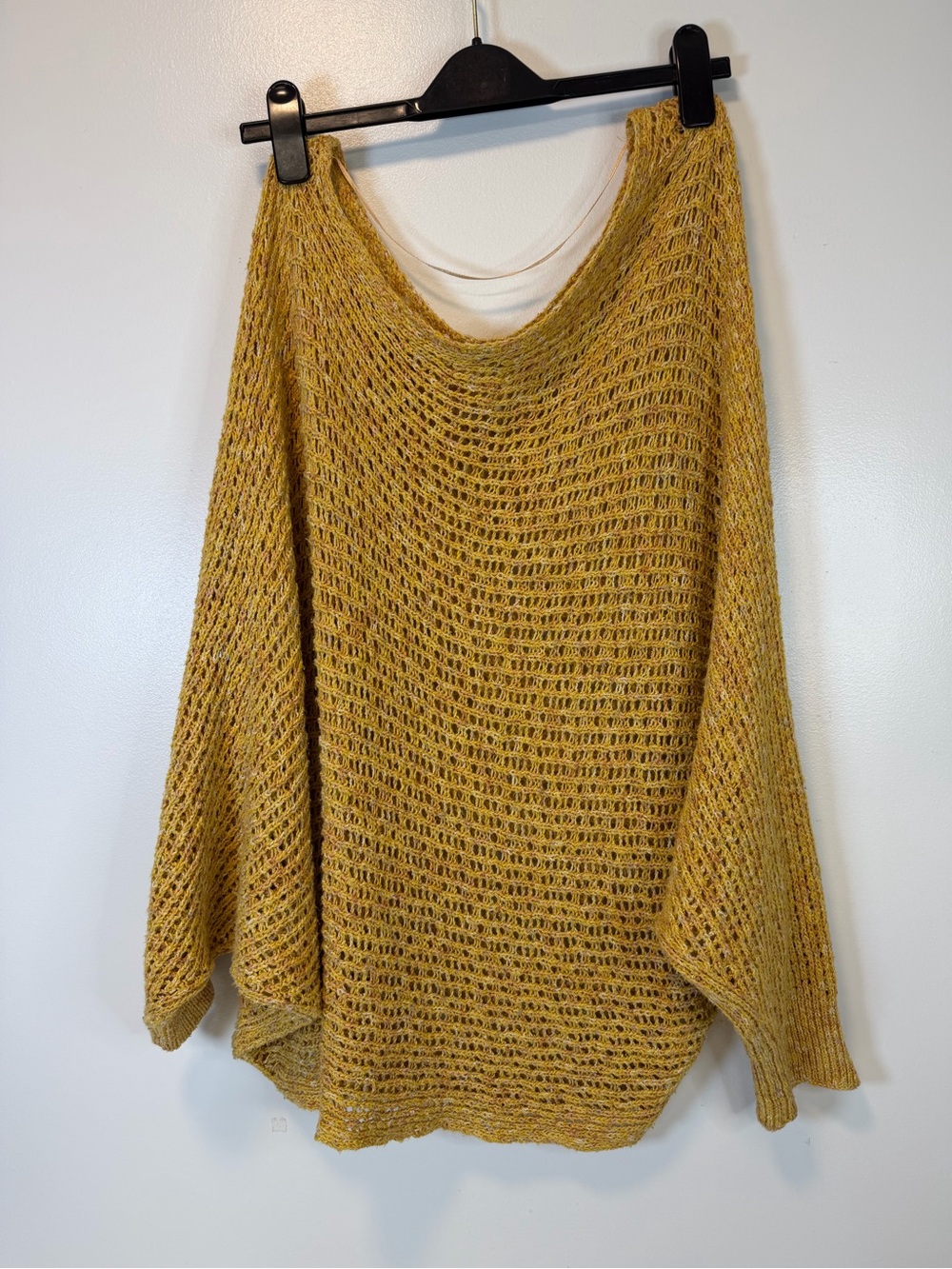 Free People Mustard Open-Knit Sweater Slouchy Shoulder Layering Women’s Large